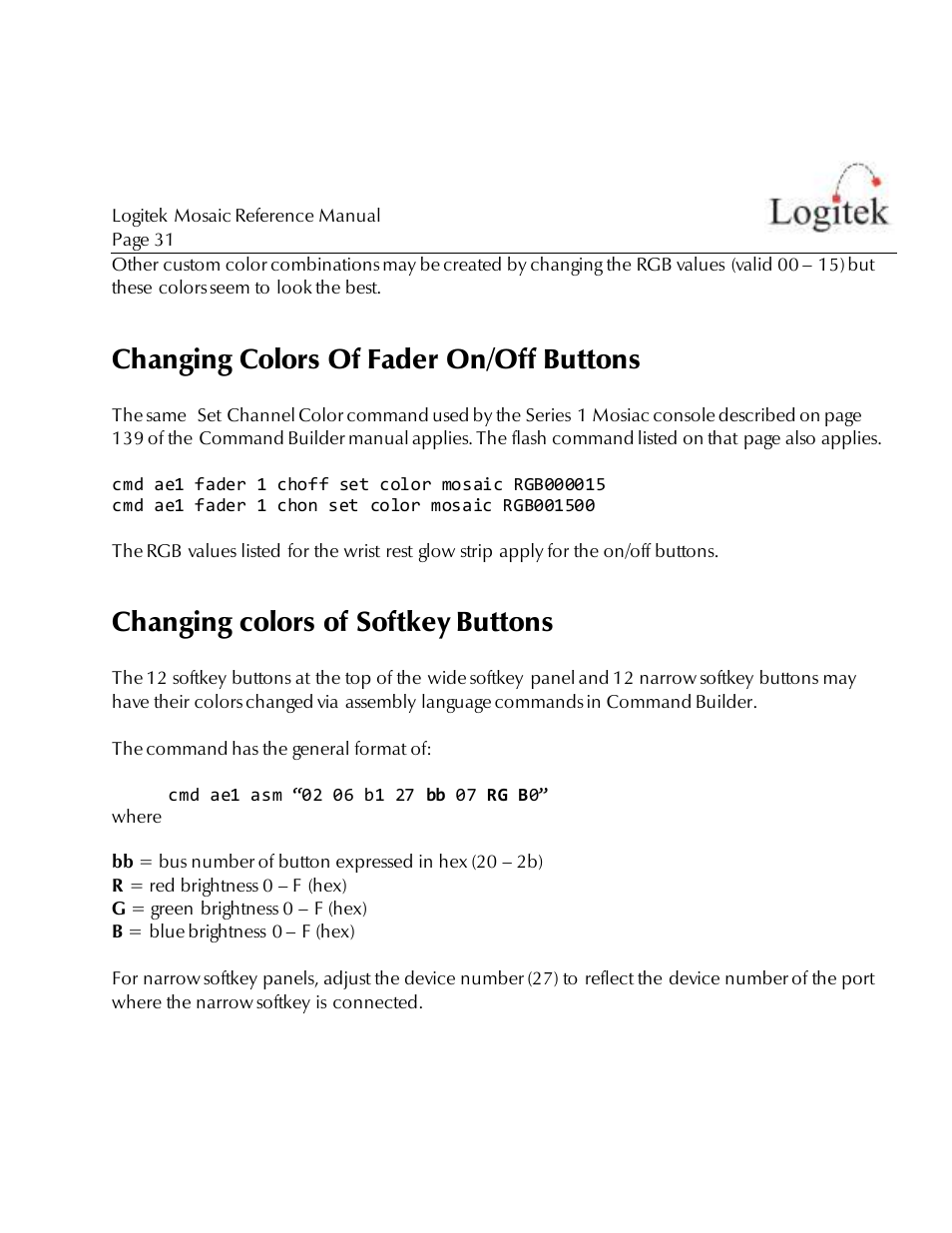 Changing colors of fader on/off buttons, Changing colors of softkey buttons | Logitek Electronic Systems Mosaic User Manual | Page 31 / 44