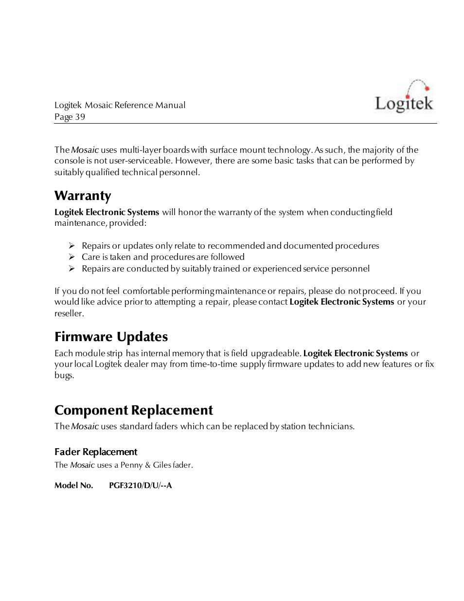 6maintenance, Warranty, Firmware updates | Component replacement | Logitek Electronic Systems Mosaic User Manual | Page 39 / 44