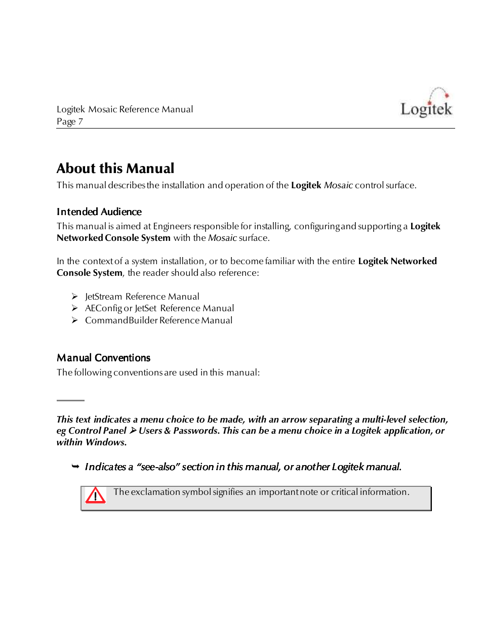 1introduction, About this manual | Logitek Electronic Systems Mosaic User Manual | Page 7 / 44