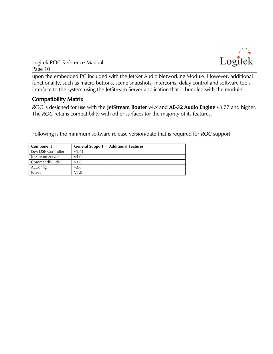 Compatibility matrix | Logitek Electronic Systems ROC User Manual | Page 10 / 40