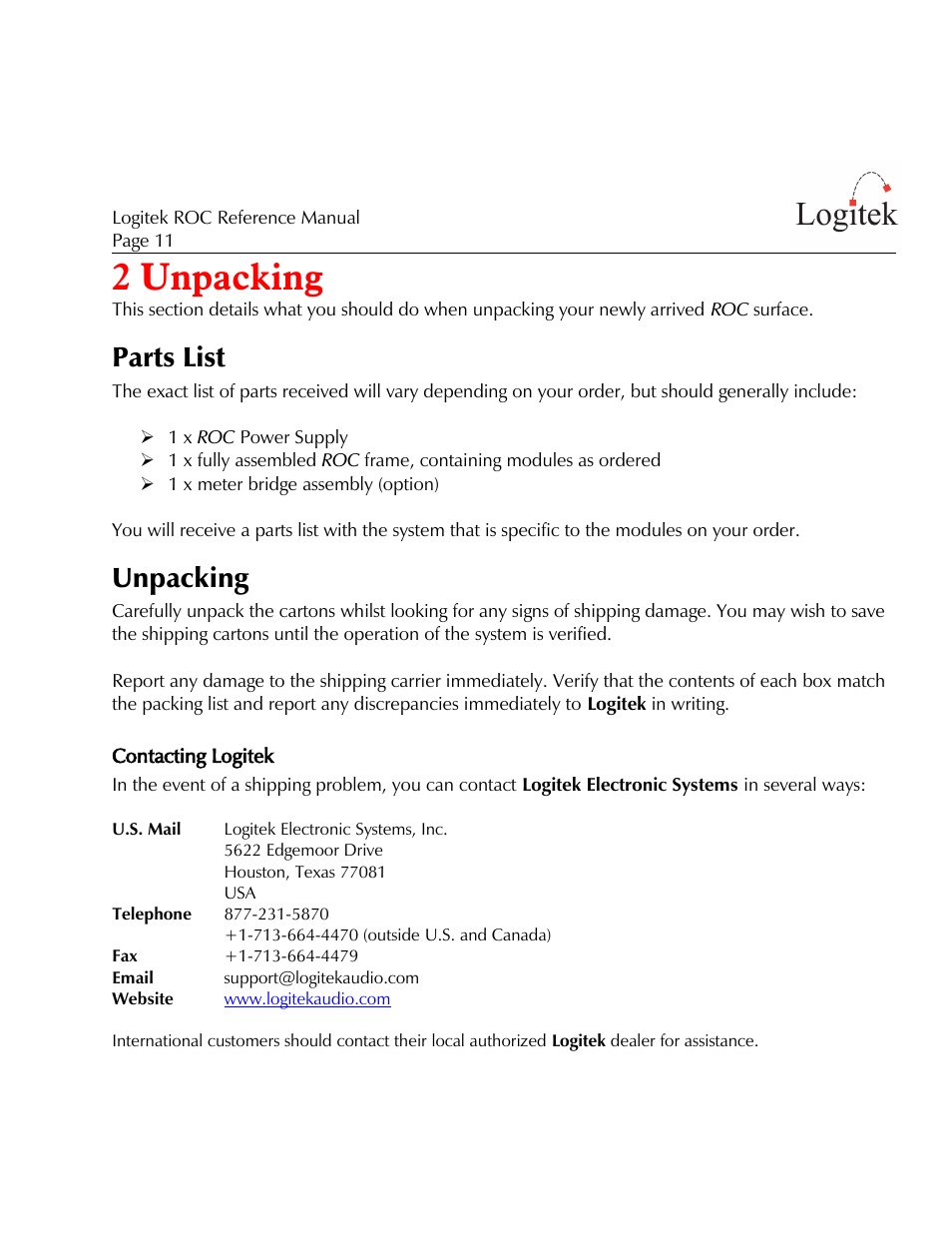 2 unpacking, Parts list, Unpacking | Logitek Electronic Systems ROC User Manual | Page 11 / 40