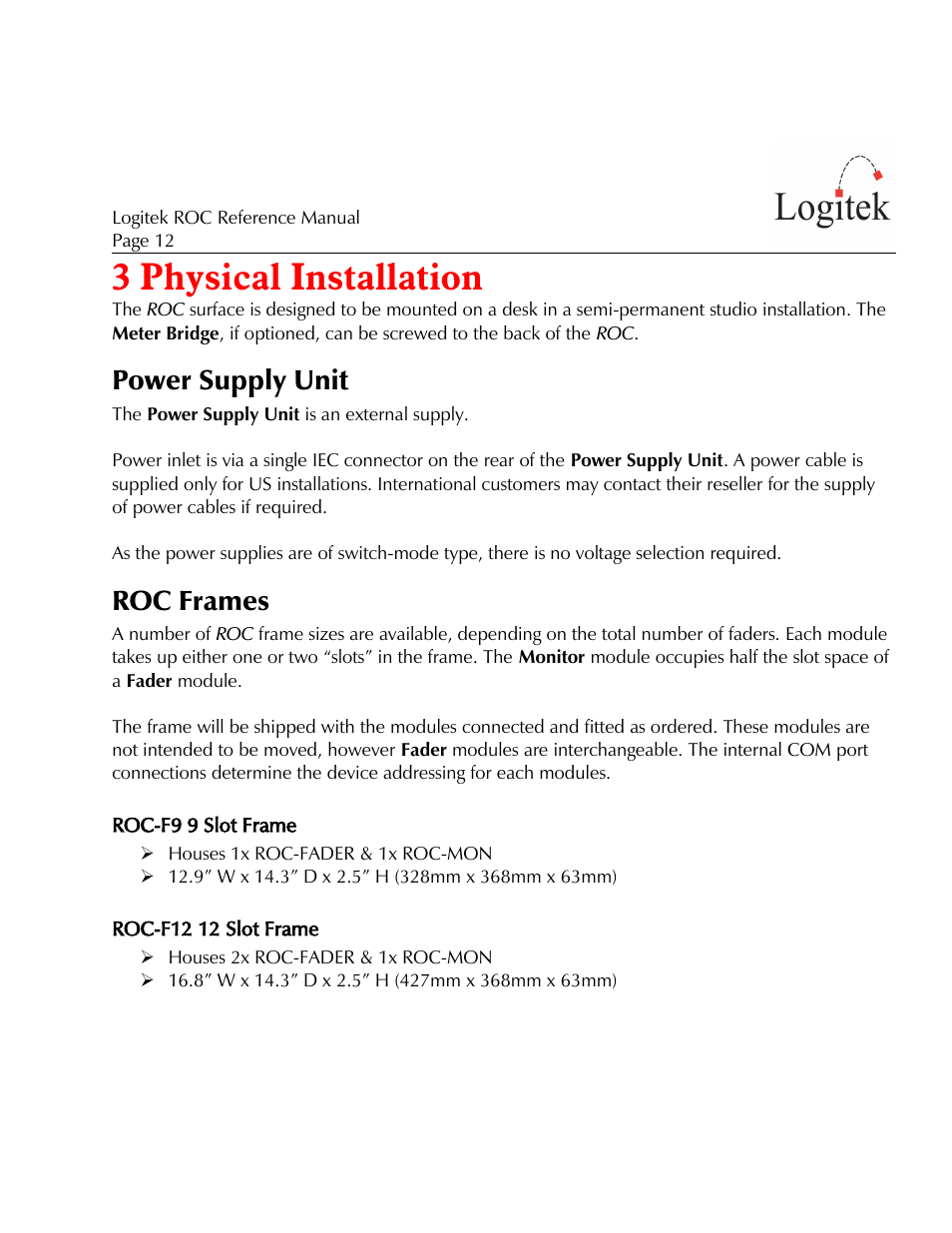 3 physical installation, Power supply unit, Roc frames | Logitek Electronic Systems ROC User Manual | Page 12 / 40
