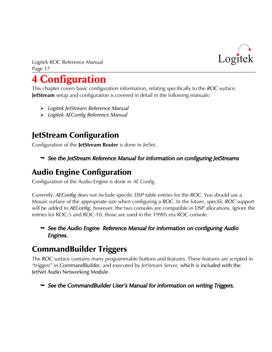 4 configuration, Jetstream configuration, Audio engine configuration | Commandbuilder triggers | Logitek Electronic Systems ROC User Manual | Page 17 / 40