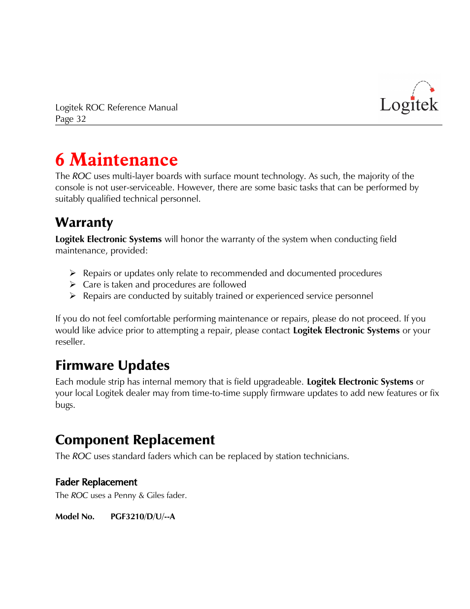 6 maintenance, Warranty, Firmware updates | Component replacement | Logitek Electronic Systems ROC User Manual | Page 32 / 40