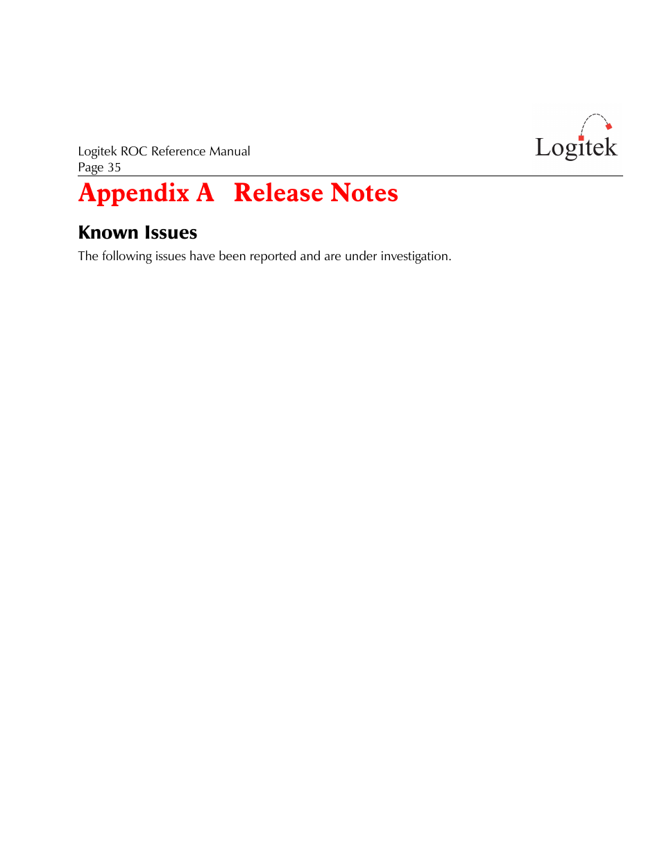 Appendix a release notes, Known issues | Logitek Electronic Systems ROC User Manual | Page 35 / 40