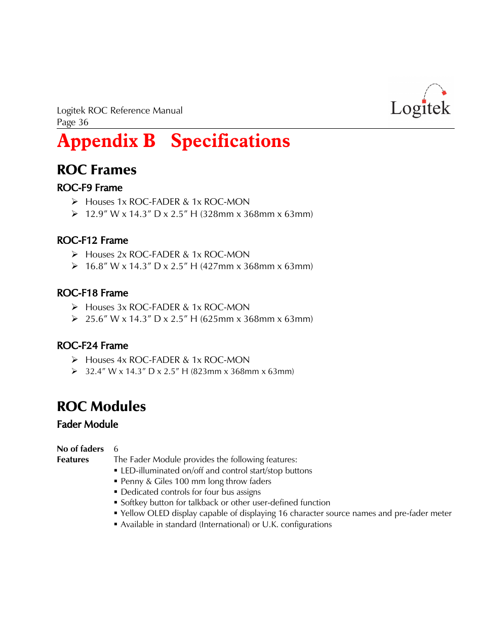 Appendix b specifications, Roc frames, Roc modules | Logitek Electronic Systems ROC User Manual | Page 36 / 40