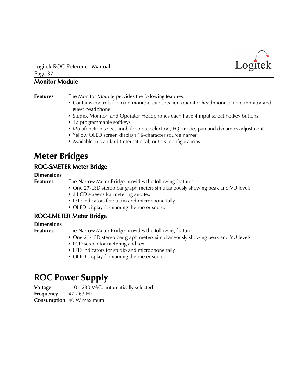 Meter bridges, Roc power supply | Logitek Electronic Systems ROC User Manual | Page 37 / 40