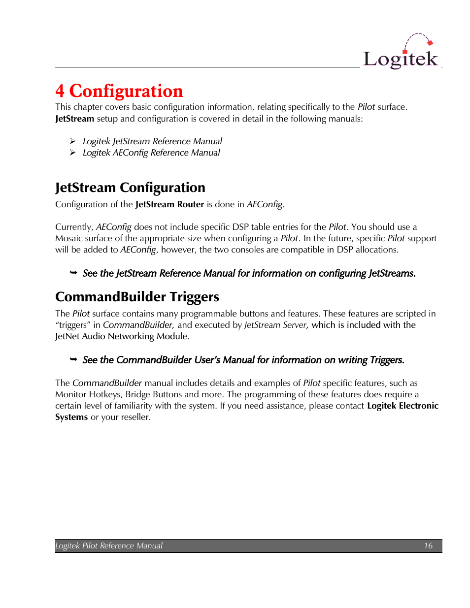 4 configuration, Jetstream configuration, Commandbuilder triggers | Logitek Electronic Systems Pilot User Manual | Page 16 / 33