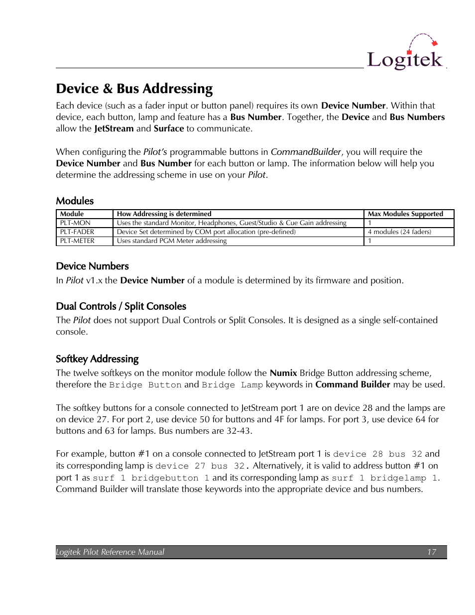 Device & bus addressing | Logitek Electronic Systems Pilot User Manual | Page 17 / 33