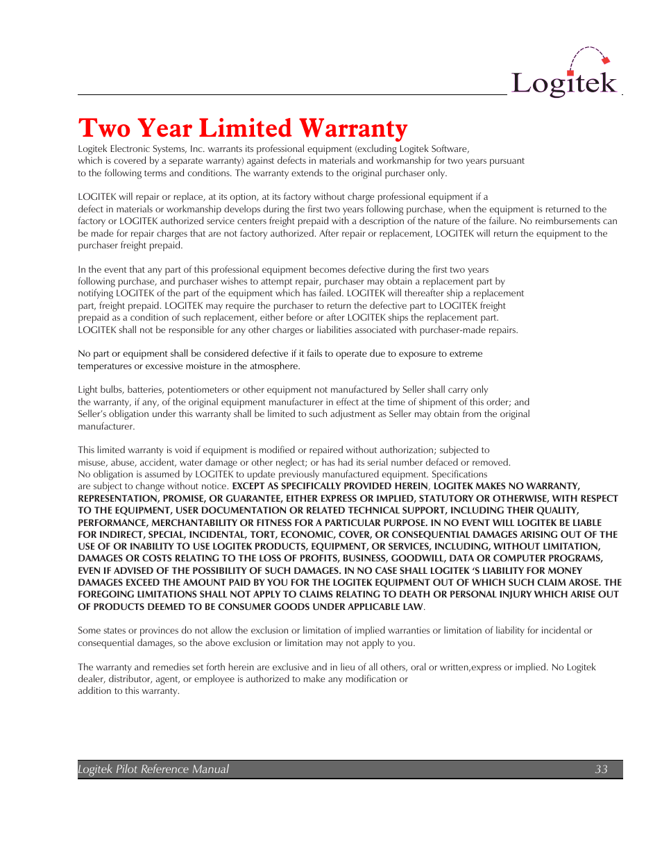 Two year limited warranty | Logitek Electronic Systems Pilot User Manual | Page 33 / 33