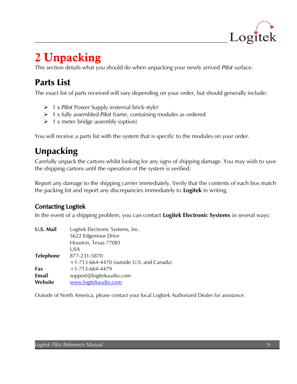 2 unpacking, Parts list, Unpacking | Logitek Electronic Systems Pilot User Manual | Page 9 / 33