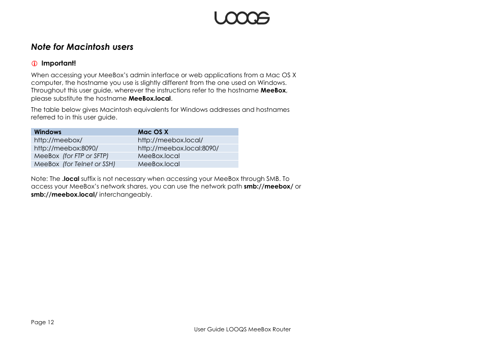 Note for macintosh users | LOOQS MeeBox Router User Manual | Page 12 / 76