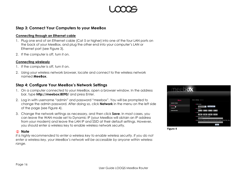 Step 3: connect your computers to your meebox, Step 4: configure your meebox’s network settings | LOOQS MeeBox Router User Manual | Page 16 / 76