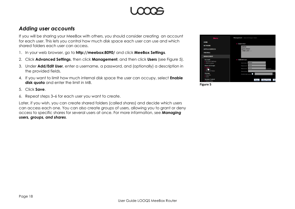 Adding user accounts | LOOQS MeeBox Router User Manual | Page 18 / 76