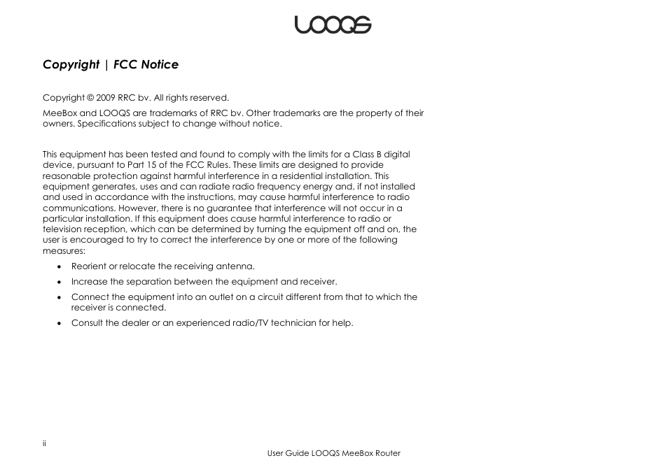 Copyright | fcc notice | LOOQS MeeBox Router User Manual | Page 2 / 76