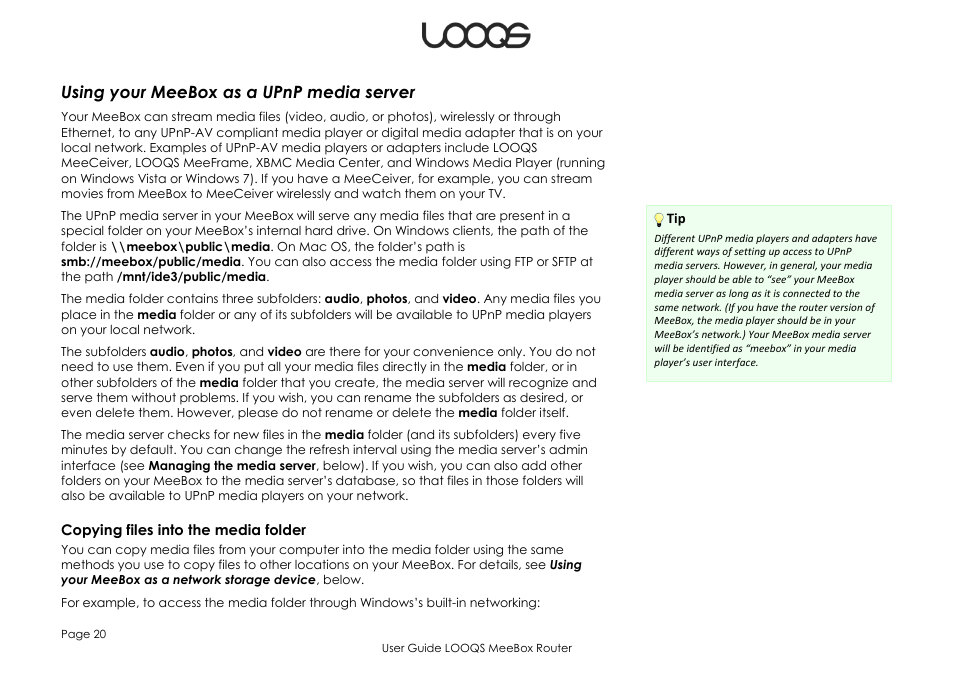 Using your meebox as a upnp media server, Copying files into the media folder | LOOQS MeeBox Router User Manual | Page 20 / 76