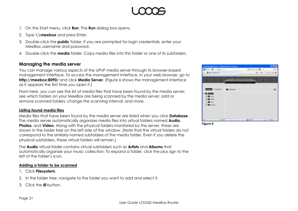 Managing the media server | LOOQS MeeBox Router User Manual | Page 21 / 76