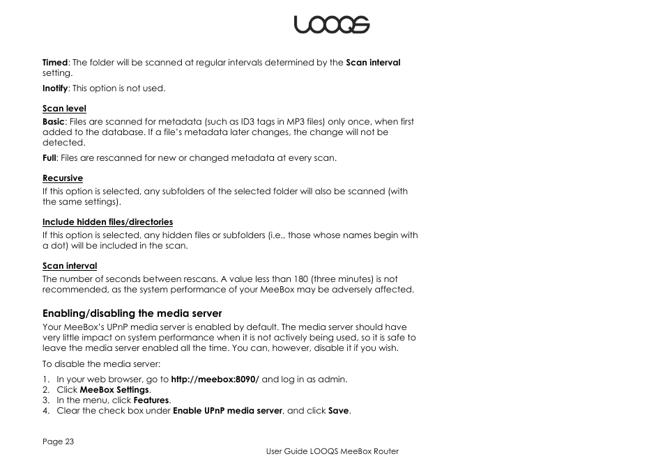 Enabling/disabling the media server | LOOQS MeeBox Router User Manual | Page 23 / 76