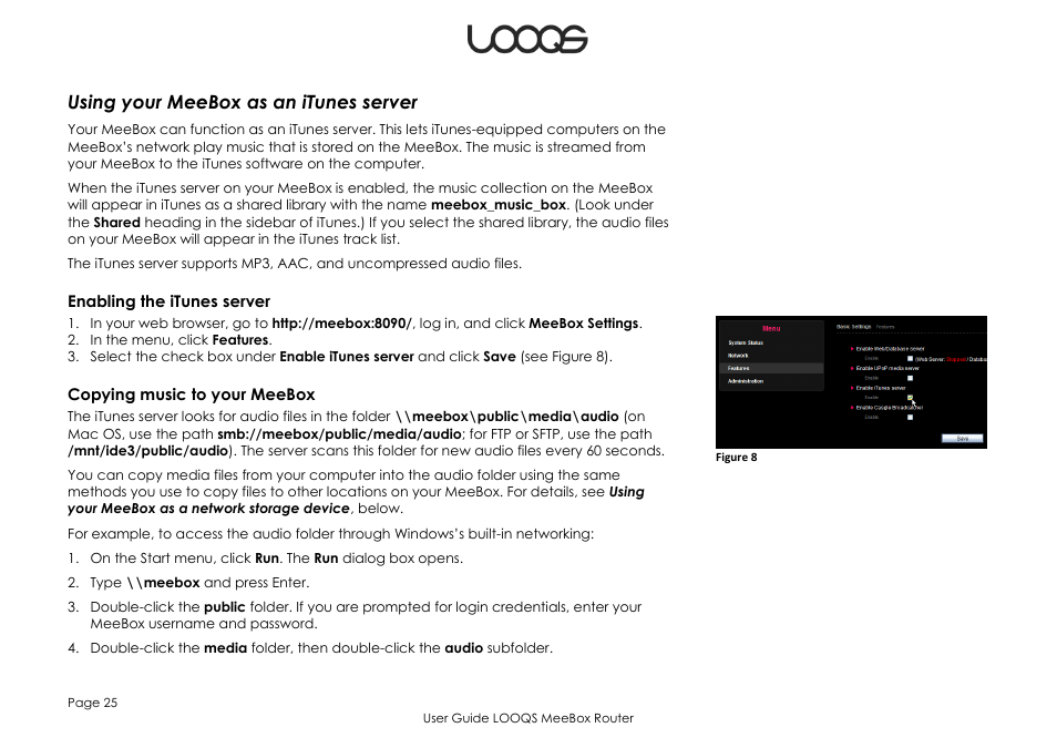 Using your meebox as an itunes server, Enabling the itunes server, Copying music to your meebox | LOOQS MeeBox Router User Manual | Page 25 / 76