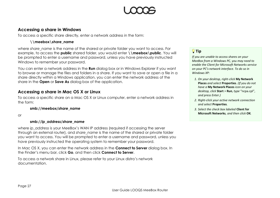 Accessing a share in windows, Accessing a share in mac os x or linux | LOOQS MeeBox Router User Manual | Page 27 / 76