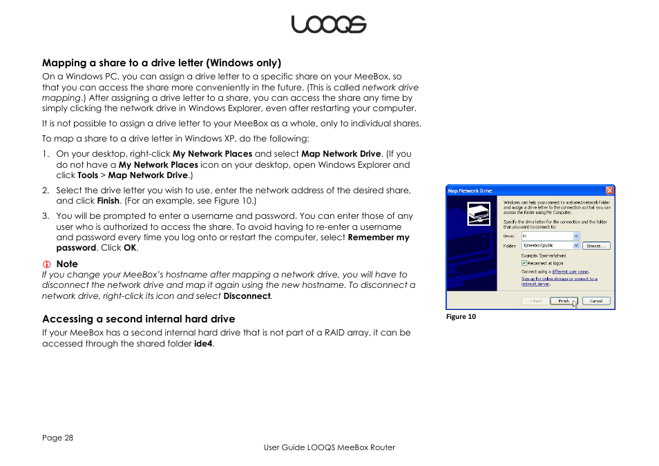 Mapping a share to a drive letter (windows only), Accessing a second internal hard drive | LOOQS MeeBox Router User Manual | Page 28 / 76