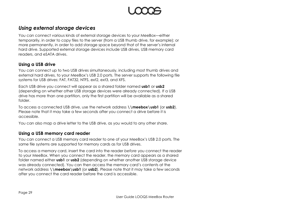 Using external storage devices, Using a usb drive, Using a usb memory card reader | LOOQS MeeBox Router User Manual | Page 29 / 76
