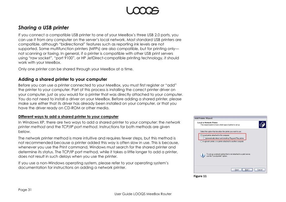 Sharing a usb printer, Adding a shared printer to your computer | LOOQS MeeBox Router User Manual | Page 31 / 76