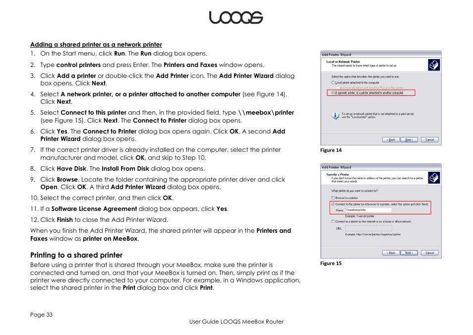 Printing to a shared printer | LOOQS MeeBox Router User Manual | Page 33 / 76