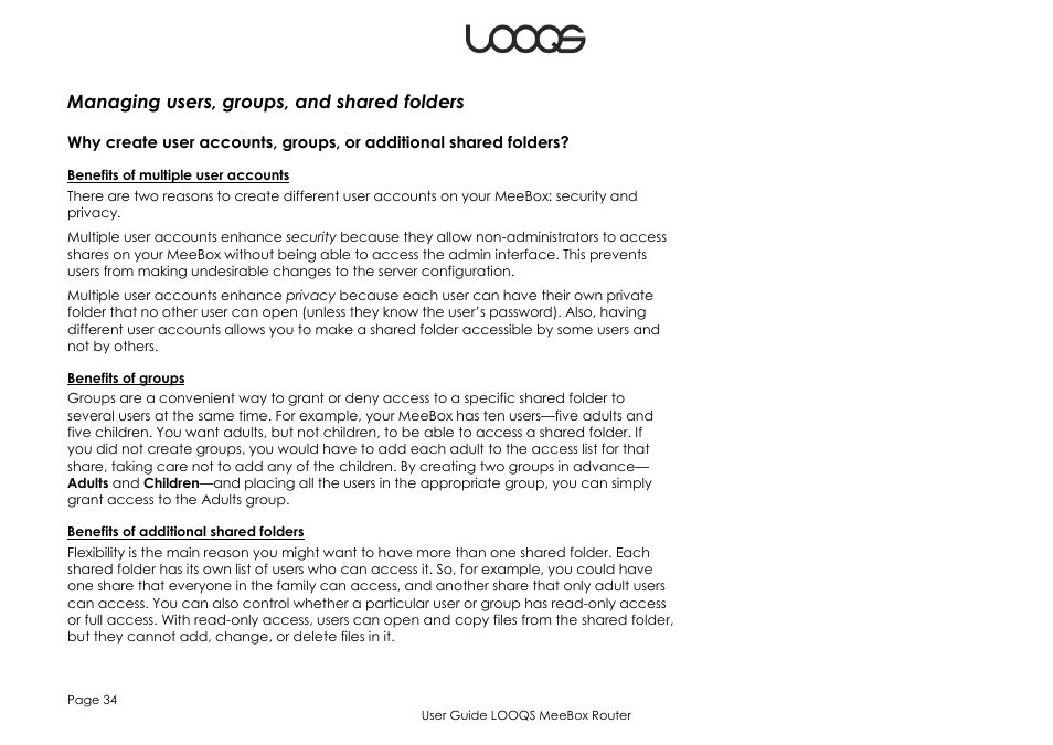 Managing users, groups, and shared folders | LOOQS MeeBox Router User Manual | Page 34 / 76