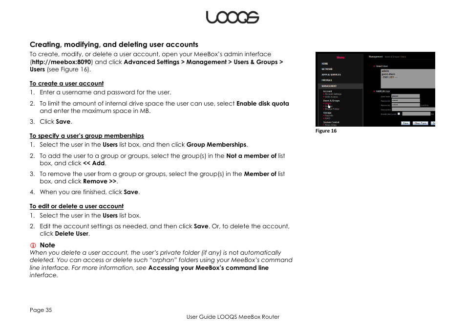 Creating, modifying, and deleting user accounts | LOOQS MeeBox Router User Manual | Page 35 / 76