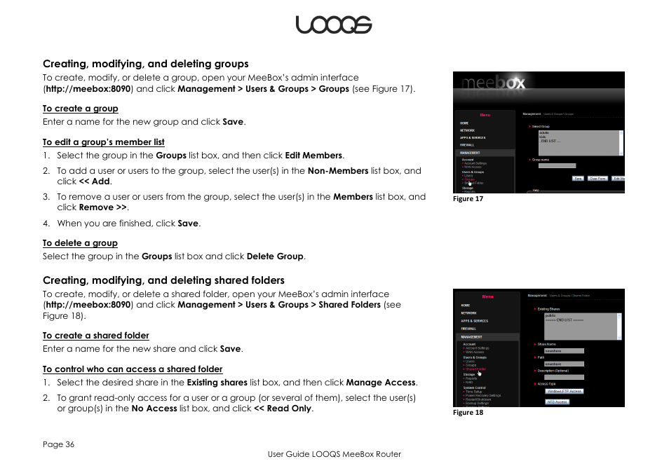 Creating, modifying, and deleting groups, Creating, modifying, and deleting shared folders | LOOQS MeeBox Router User Manual | Page 36 / 76