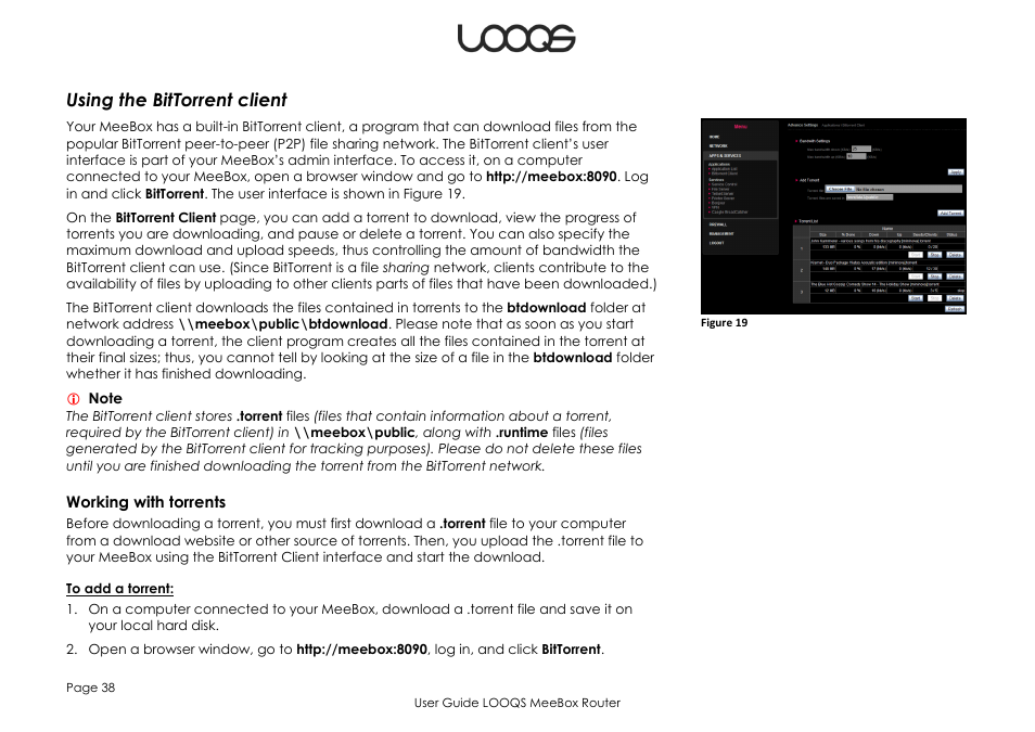 Using the bittorrent client, Working with torrents | LOOQS MeeBox Router User Manual | Page 38 / 76