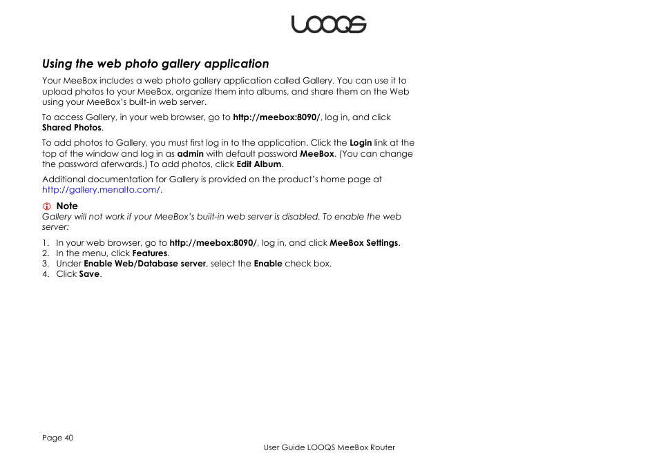 Using the web photo gallery application | LOOQS MeeBox Router User Manual | Page 40 / 76