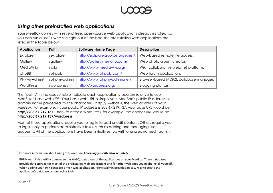 Using other preinstalled web applications | LOOQS MeeBox Router User Manual | Page 41 / 76