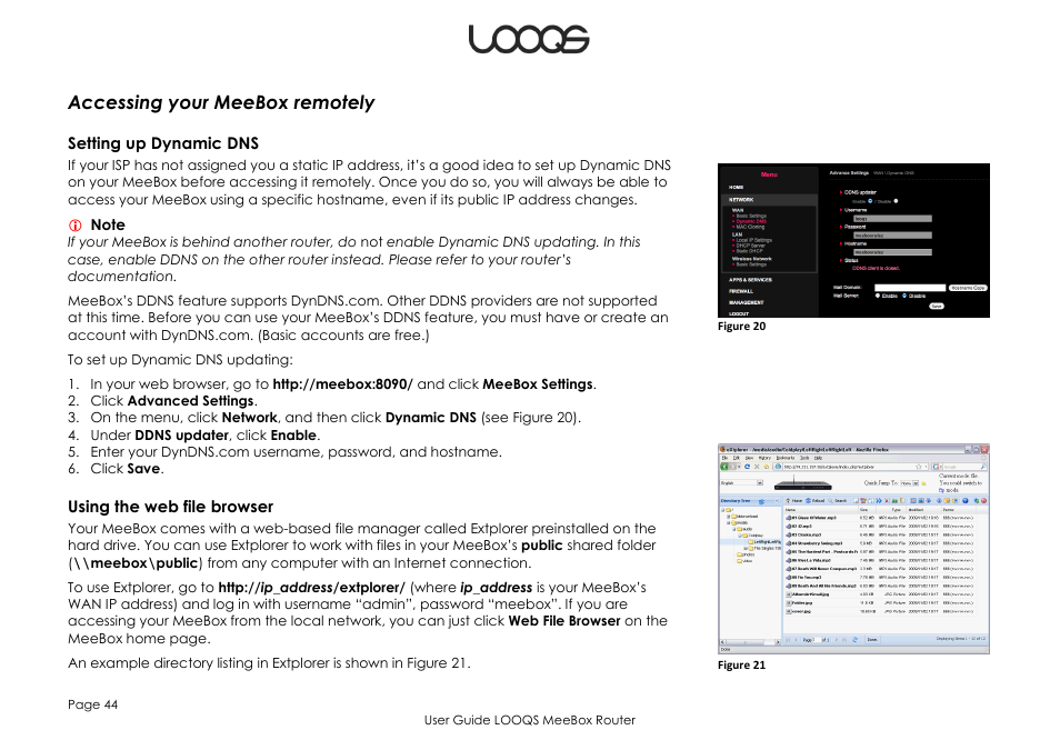 Accessing your meebox remotely, Setting up dynamic dns, Using the web file browser | LOOQS MeeBox Router User Manual | Page 44 / 76