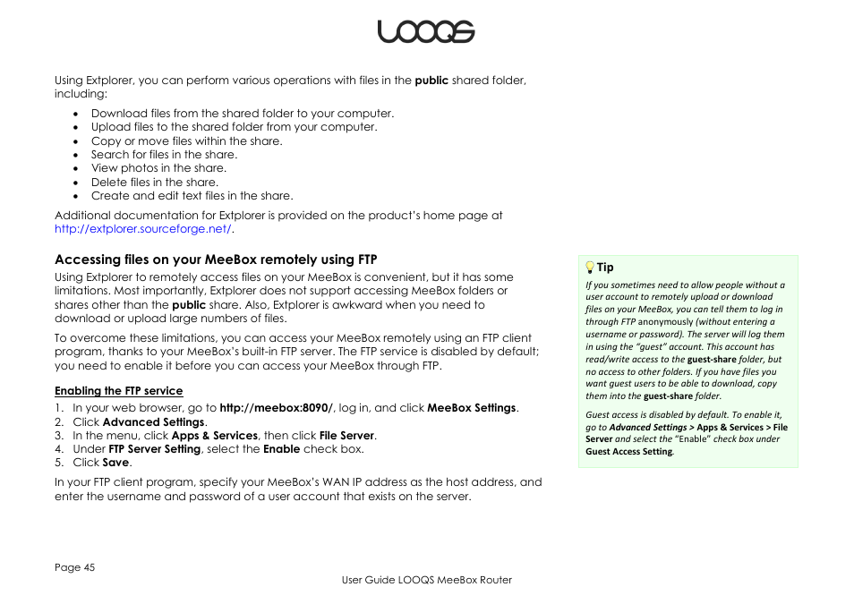 Accessing files on your meebox remotely using ftp | LOOQS MeeBox Router User Manual | Page 45 / 76