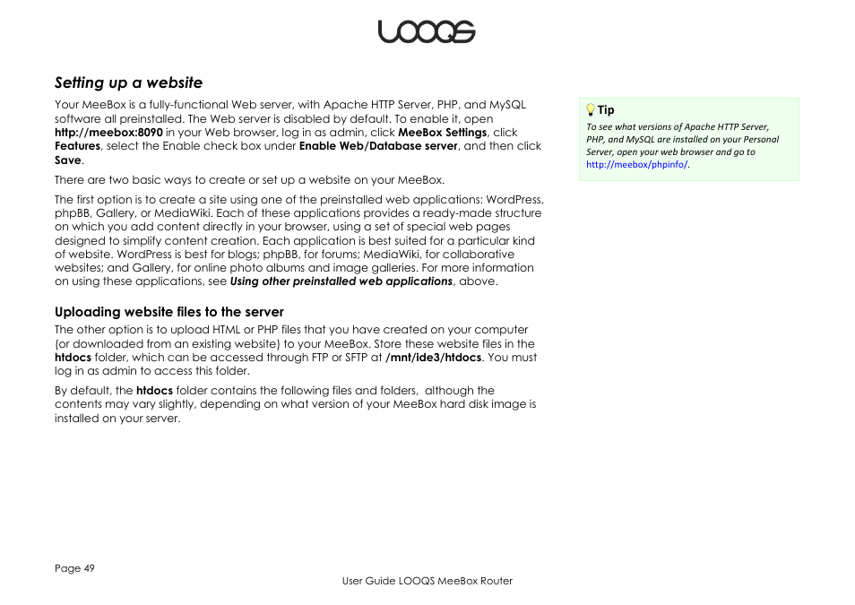 Setting up a website, Uploading website files to the server | LOOQS MeeBox Router User Manual | Page 49 / 76