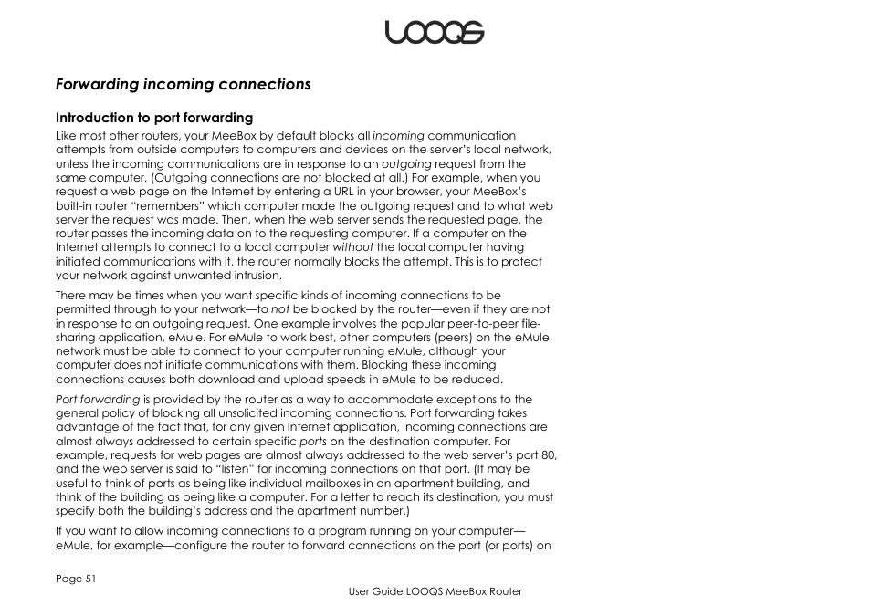 Forwarding incoming connections, Introduction to port forwarding | LOOQS MeeBox Router User Manual | Page 51 / 76