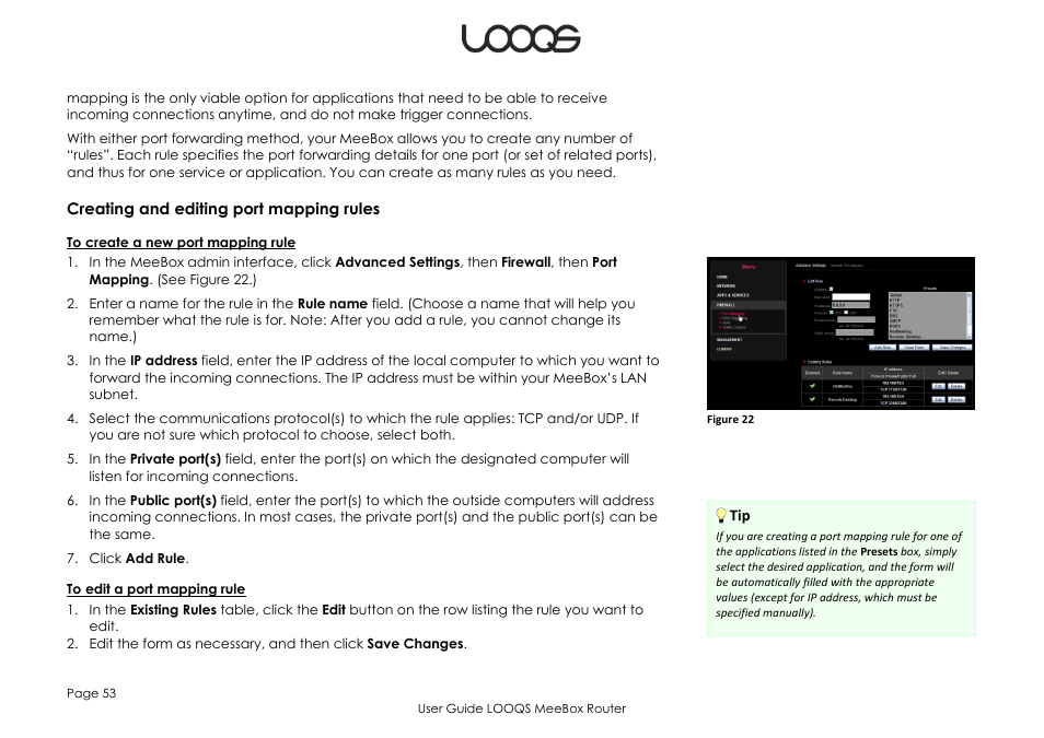 Creating and editing port mapping rules | LOOQS MeeBox Router User Manual | Page 53 / 76
