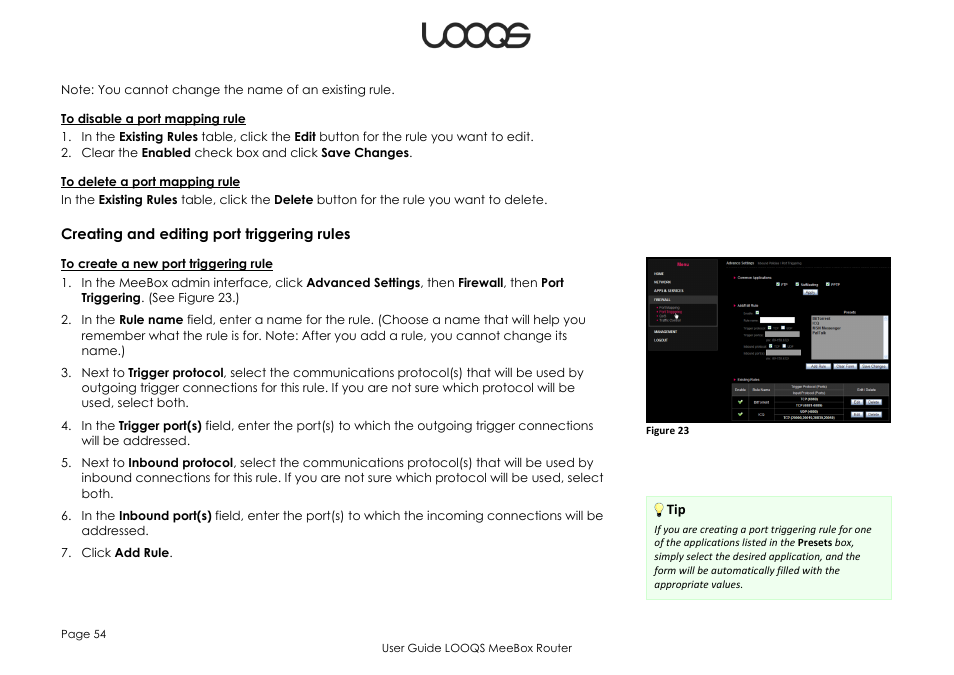 Creating and editing port triggering rules | LOOQS MeeBox Router User Manual | Page 54 / 76