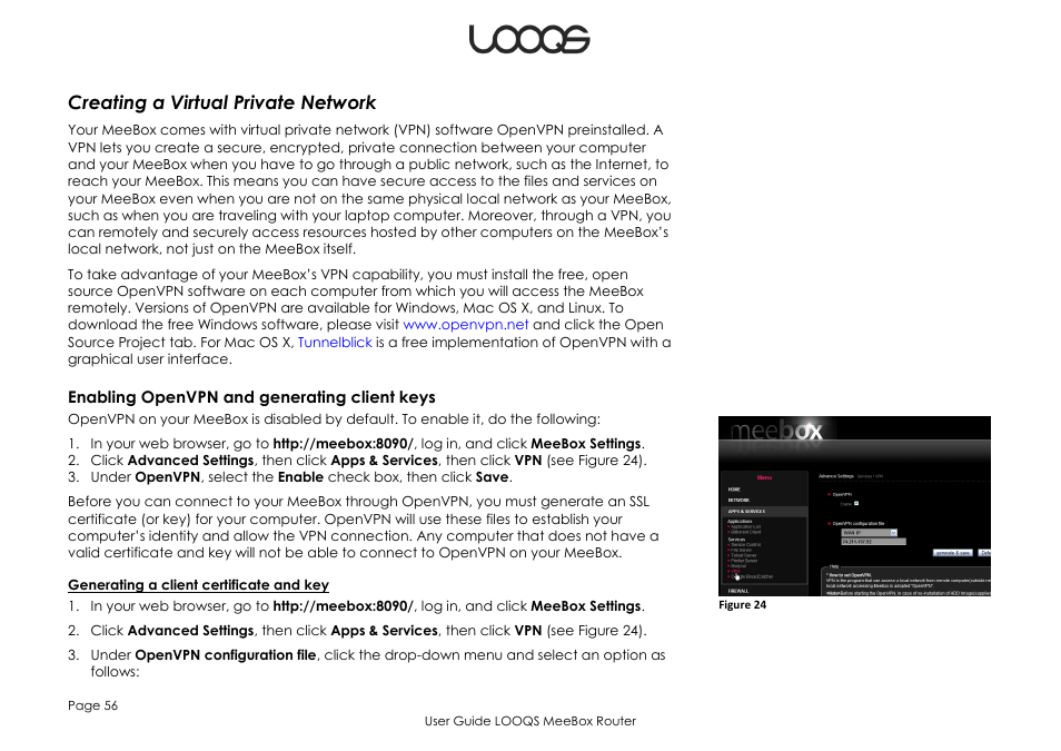 Creating a virtual private network, Enabling openvpn and generating client keys | LOOQS MeeBox Router User Manual | Page 56 / 76