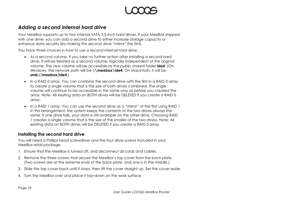 Adding a second internal hard drive, Installing the second hard drive | LOOQS MeeBox Router User Manual | Page 59 / 76