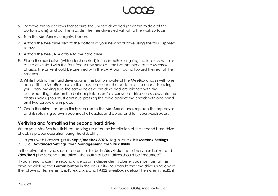 Verifying and formatting the second hard drive | LOOQS MeeBox Router User Manual | Page 60 / 76