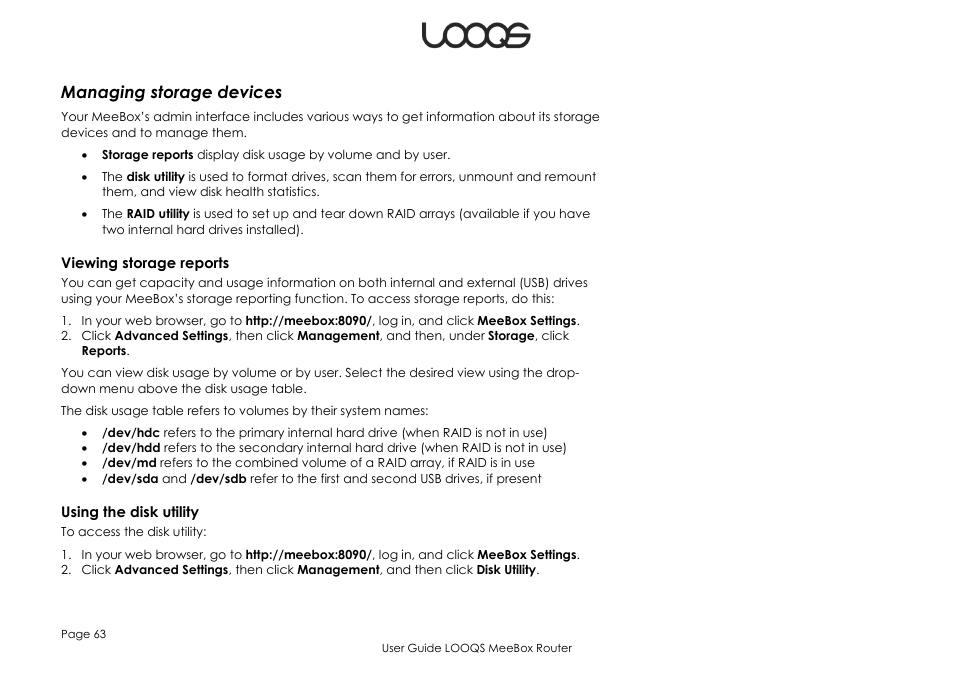 Managing storage devices, Viewing storage reports, Using the disk utility | LOOQS MeeBox Router User Manual | Page 63 / 76