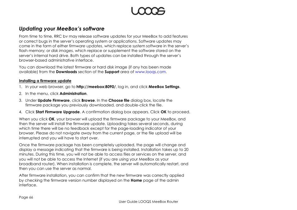 Updating your meebox’s software | LOOQS MeeBox Router User Manual | Page 66 / 76