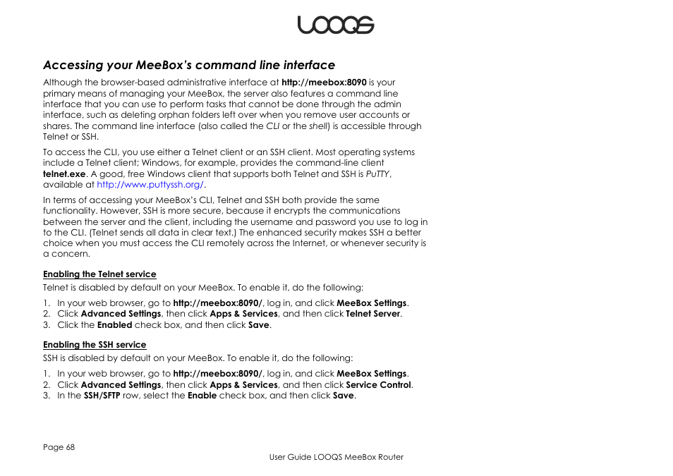 Accessing your meebox’s command line interface | LOOQS MeeBox Router User Manual | Page 68 / 76