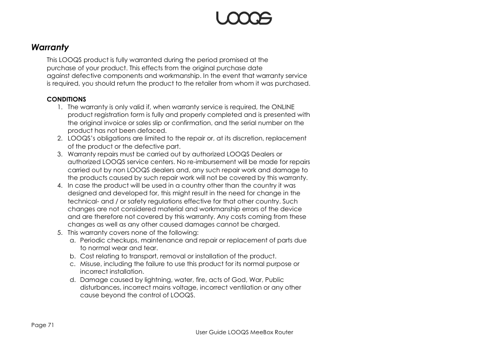 Warranty | LOOQS MeeBox Router User Manual | Page 71 / 76