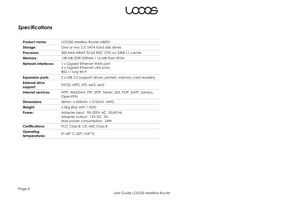 Specifications | LOOQS MeeBox Router User Manual | Page 8 / 76