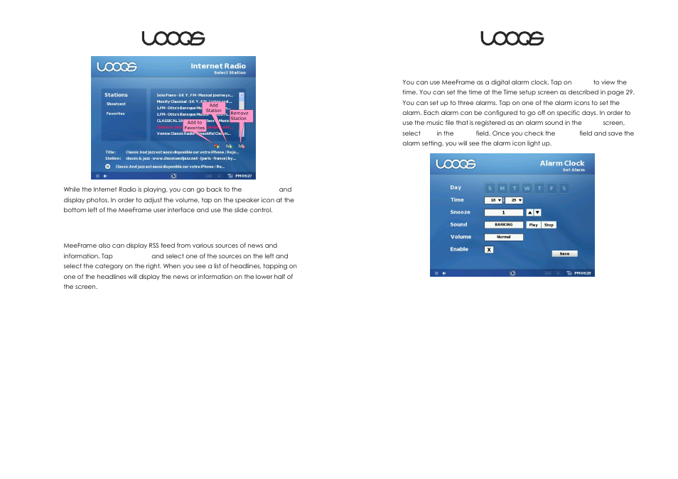 News & info, Clock | LOOQS MeeFrame User Manual | Page 13 / 17