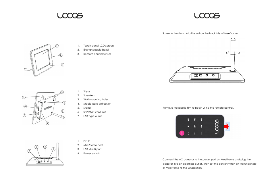 Examining meeframe, Setting up the stand, Preparing the remote control | Powering on meeframe | LOOQS MeeFrame User Manual | Page 5 / 17